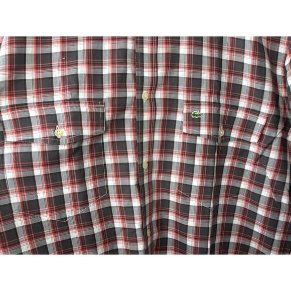Lacoste Modern Fit Gray & Red Plaid Long Sleeve Button-Up Shirt Men's 42 Large - Picture 6 of 12
